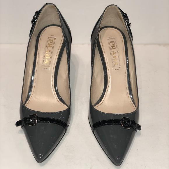 PRADA Dark Grey Patent Leather Pointed Kitten Pump - Picture 1 of 7